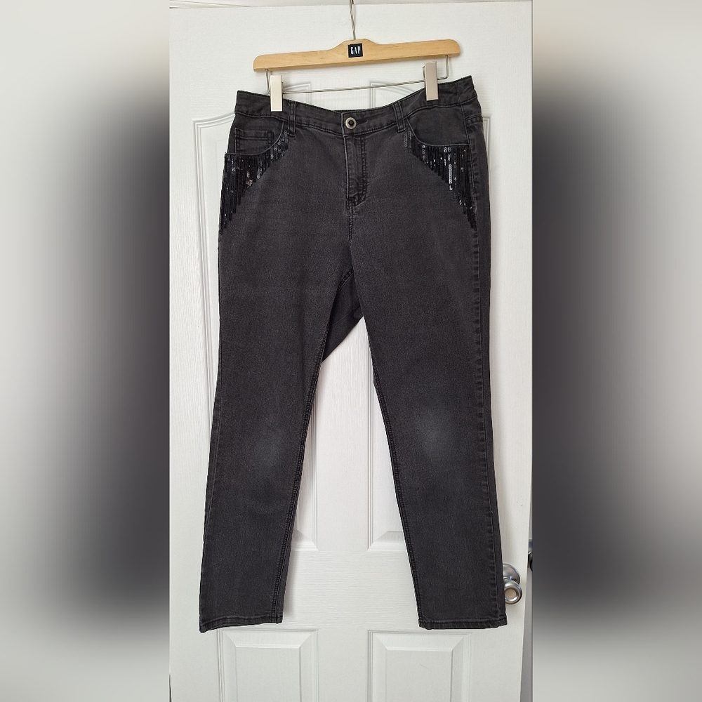 CJ Banks Women's Dark Gray Straight Leg Jeans with Black Sequin Accents